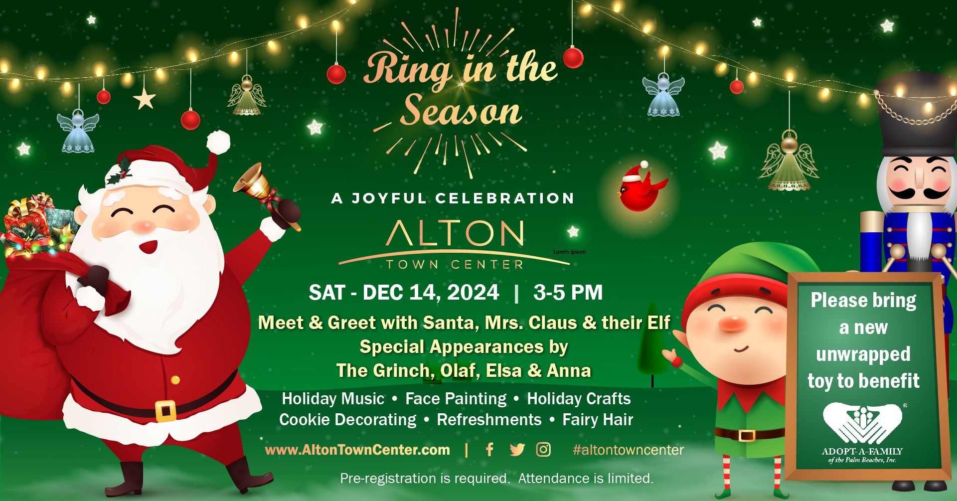A festive event poster featuring Santa, an elf, and holiday decorations. Details for "Ring in the Season" at Alton Town Center on December 14, 2024.